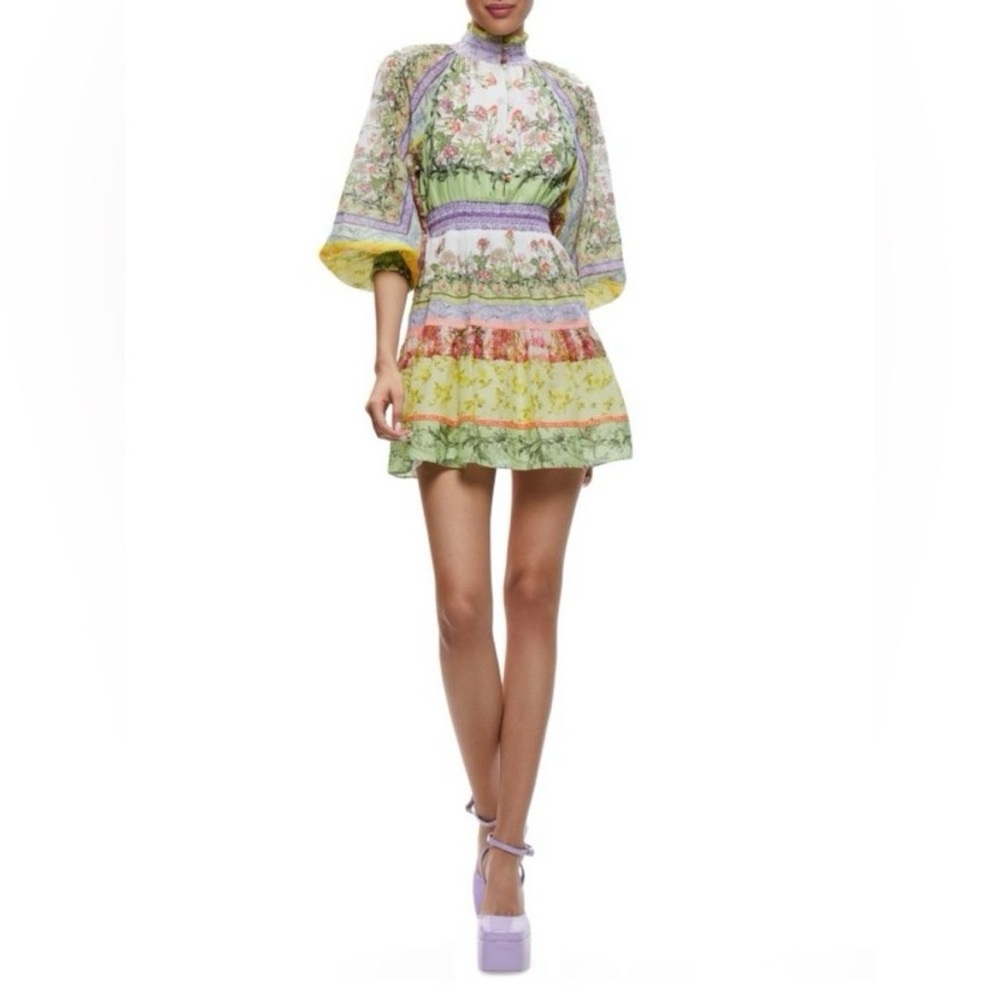 Alice + Olivia Pastel Floral Tiered Mini Dress in Green, Yellow, Purple - Picture 6 of 6